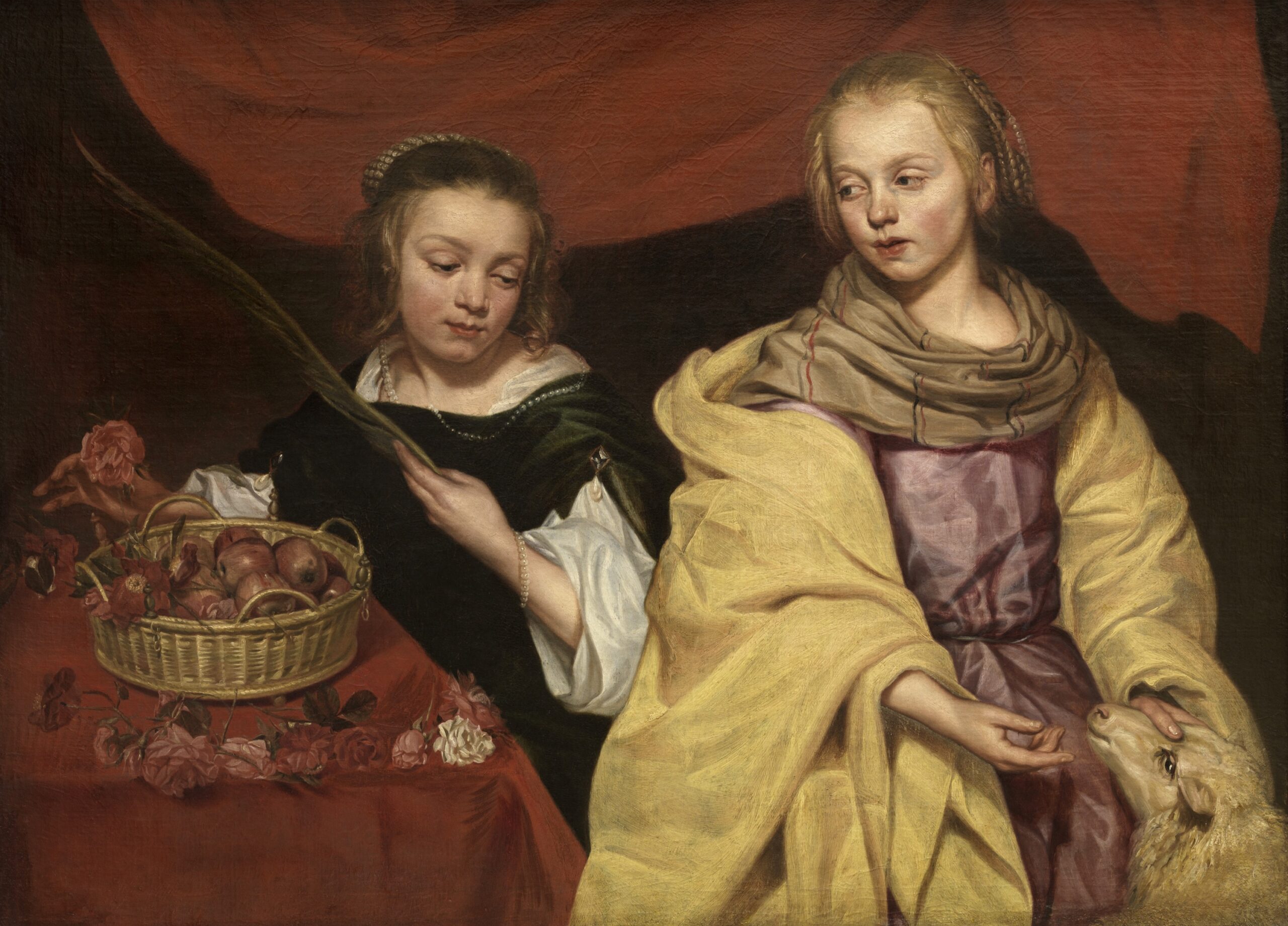 Michaelina Wautier (1604-1689), Deux jeunes filles en sainte Agnès et sainte Dorothée. Huile sur toile, 90 x 122 cm. © Photo Rik Klein Gotink, collection KMSKA – Flemish Community (CC0)