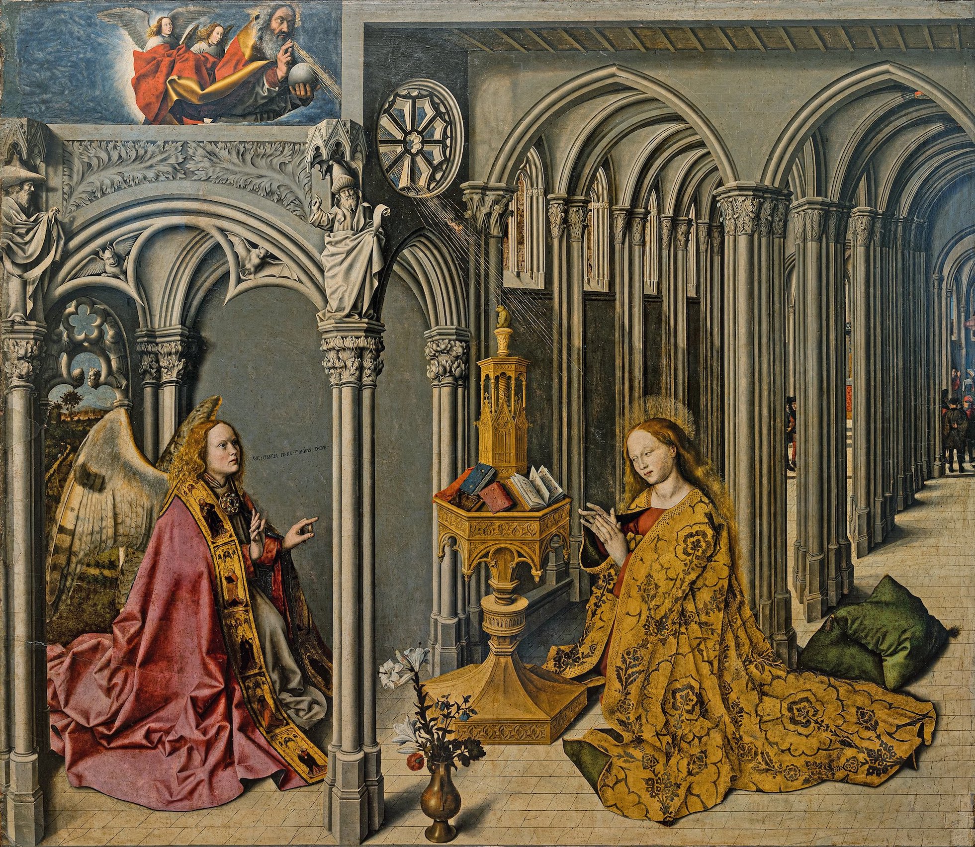 Barthélemy d’Eyck (actif entre 1444 et 1470), Retable de l’Annonciation d’Aix (panneau central), 1443-1444. Huile sur bois, 155 x 176 cm. Aix-en-Provence, affecté a l’église de la Madeleine, déposé au musée du Vieil-Aix. © Aix-en-Provence, direction des musées d’Art et d’Histoire d’Aix-en-Provence / photo Philippe Biolatto