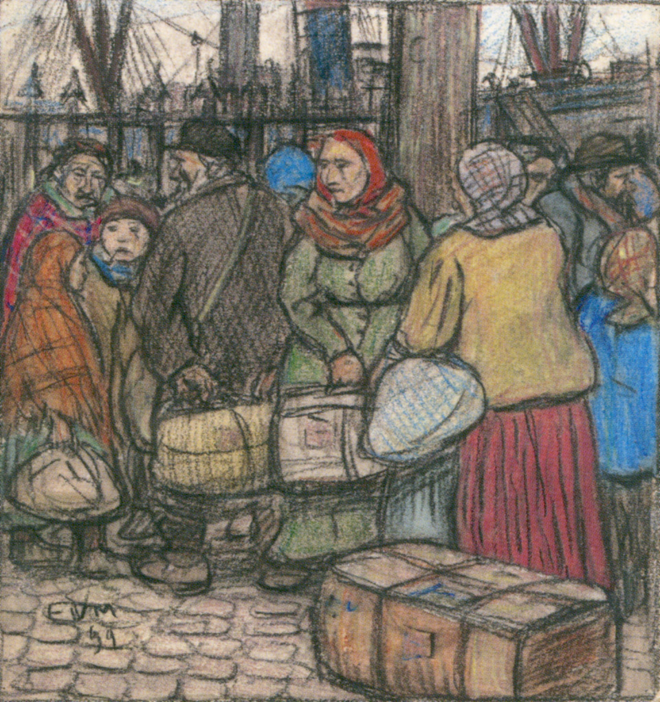 Eugeen Van Mieghem (1875-1930), Émigrants juifs sur le quai du Rhin, daté 1899. Crayon noir et de couleur, 25,5 x 23,5 cm. Collection privée (ancienne collection Louis Franck jr.). © DR