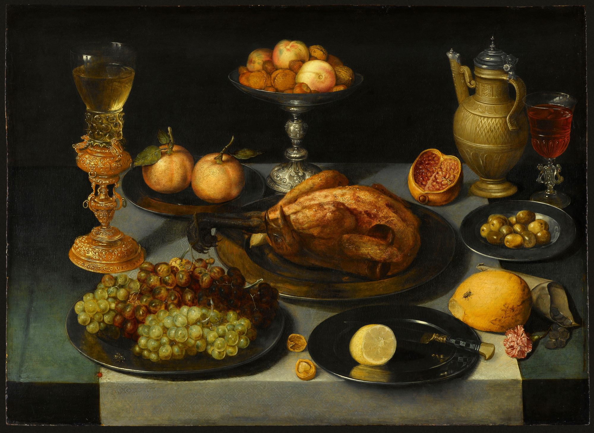 Peter Binoit (? – 1632), Mets, fruits et verre sur une table, années 1620 (?). Huile sur panneau. Photo service de presse. © RMN-Grand Palais (musée du Louvre) / Jean-Gilles Berizzi