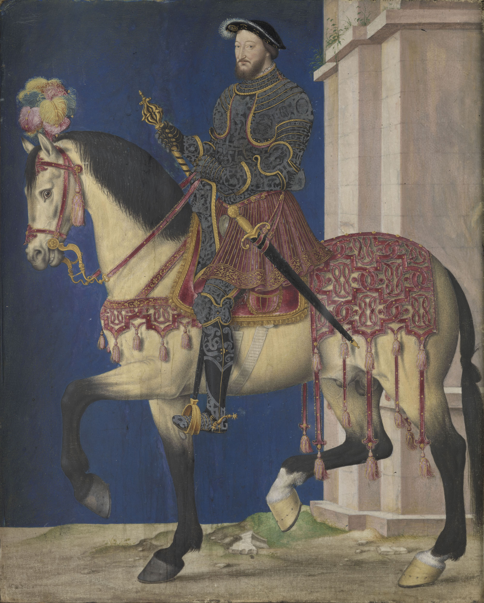 Attribué à Jean Clouet, François Ier à cheval, vers 1530. Gouache sur parchemin collé sur bois, 27 x 22 cm. Paris, musée du Louvre. Photo service de presse. © Grand Palais-RMN (musée du Louvre) / Michel Urtado