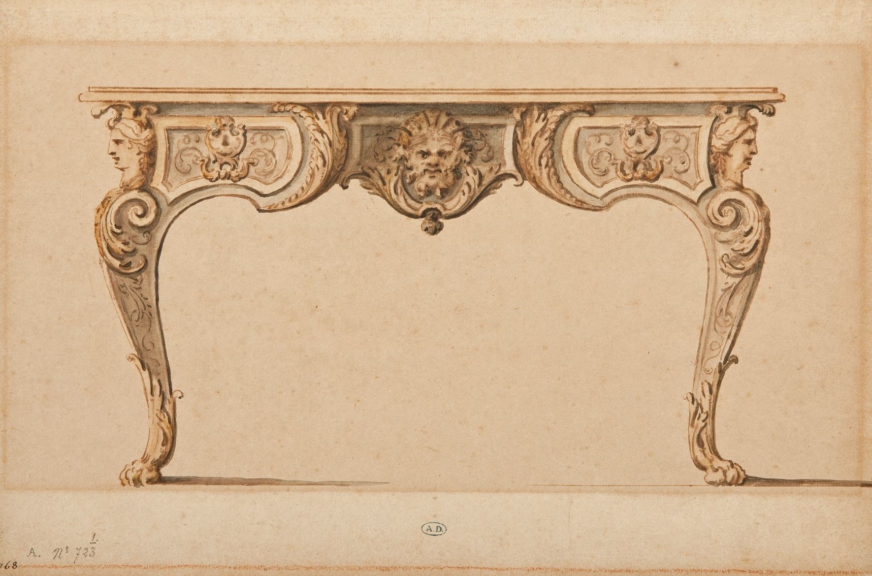 Attribué à André Charles Boulle (1642-1732, reçu maître avant 1666), Projet d’un bureau plat avec têtes de femmes, élévation. Plume et encre brune, lavis gris, noire, brune et jaune (?), traces de sanguine (contre-épreuve d’un autre dessin). Paris, musée des Arts décoratifs. © Les Arts Décoratifs / Jean Tholance