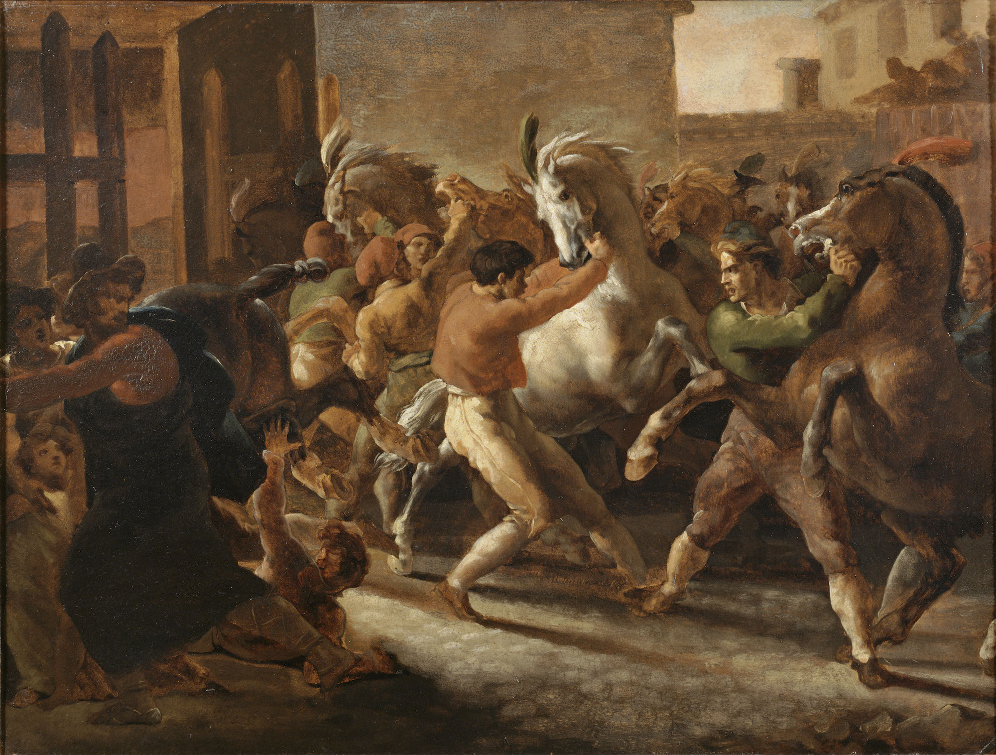 Théodore Géricault (1791-1824), La Course de chevaux libres sur le Corso à Rome (la ripresa), 1817. Papier marouflé sur toile, 45,1 x 60 cm. Lille, Palais des Beaux-Arts. Photo service de presse. © RMN-Grand Palais (PBA, Lille) / Philipp Bernard