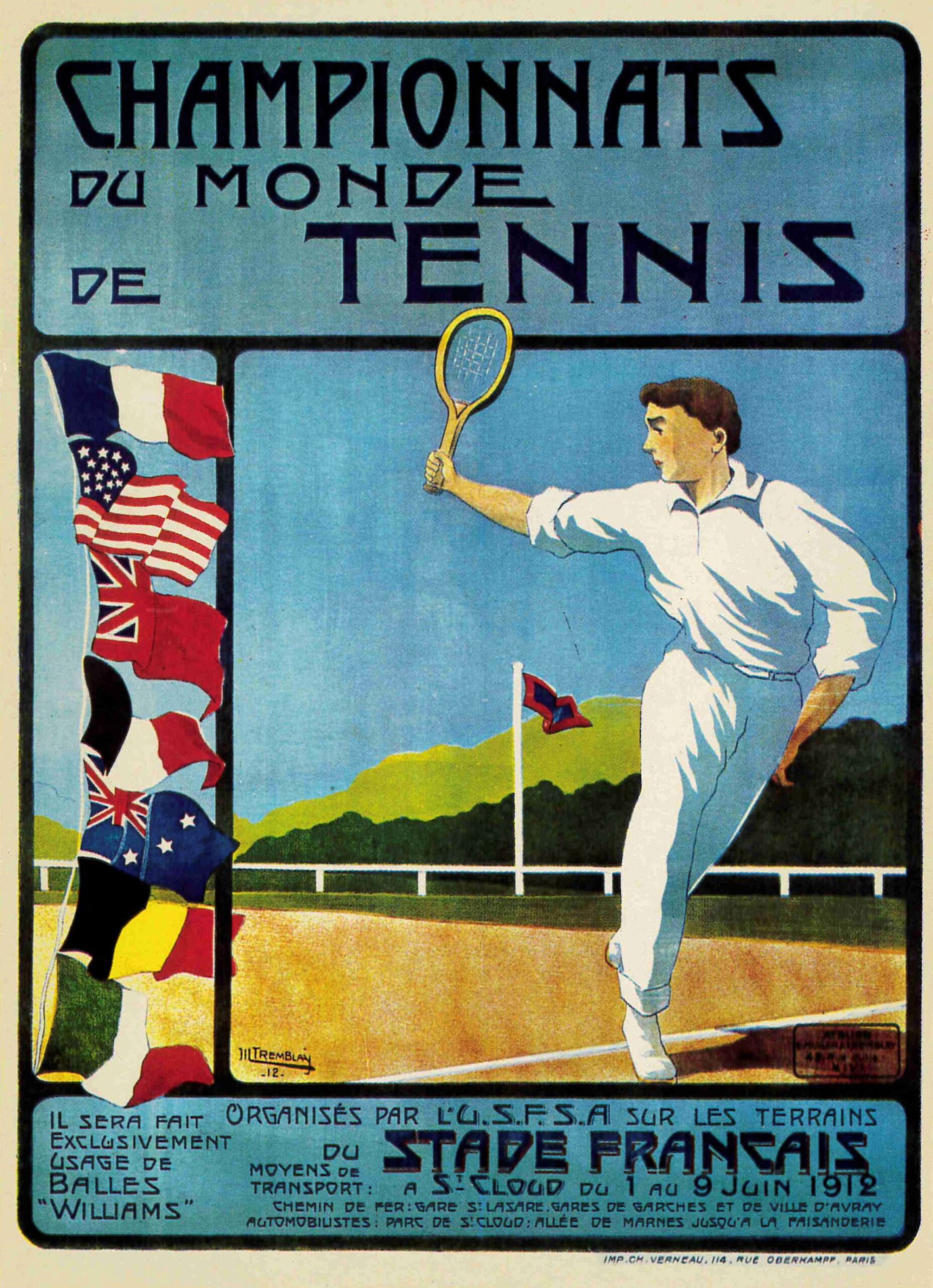 Championnats du monde de tennis organisés par l’U.S.F.S.A sur les terrains du Stade français à Saint-Cloud du 1er au 9 juin 1912. Carte postale, éd. F. Nugeron, vers 1960-1969. Collection APC. Photo service de presse. © Ville de Saint-Cloud – musée des Avelines, DR