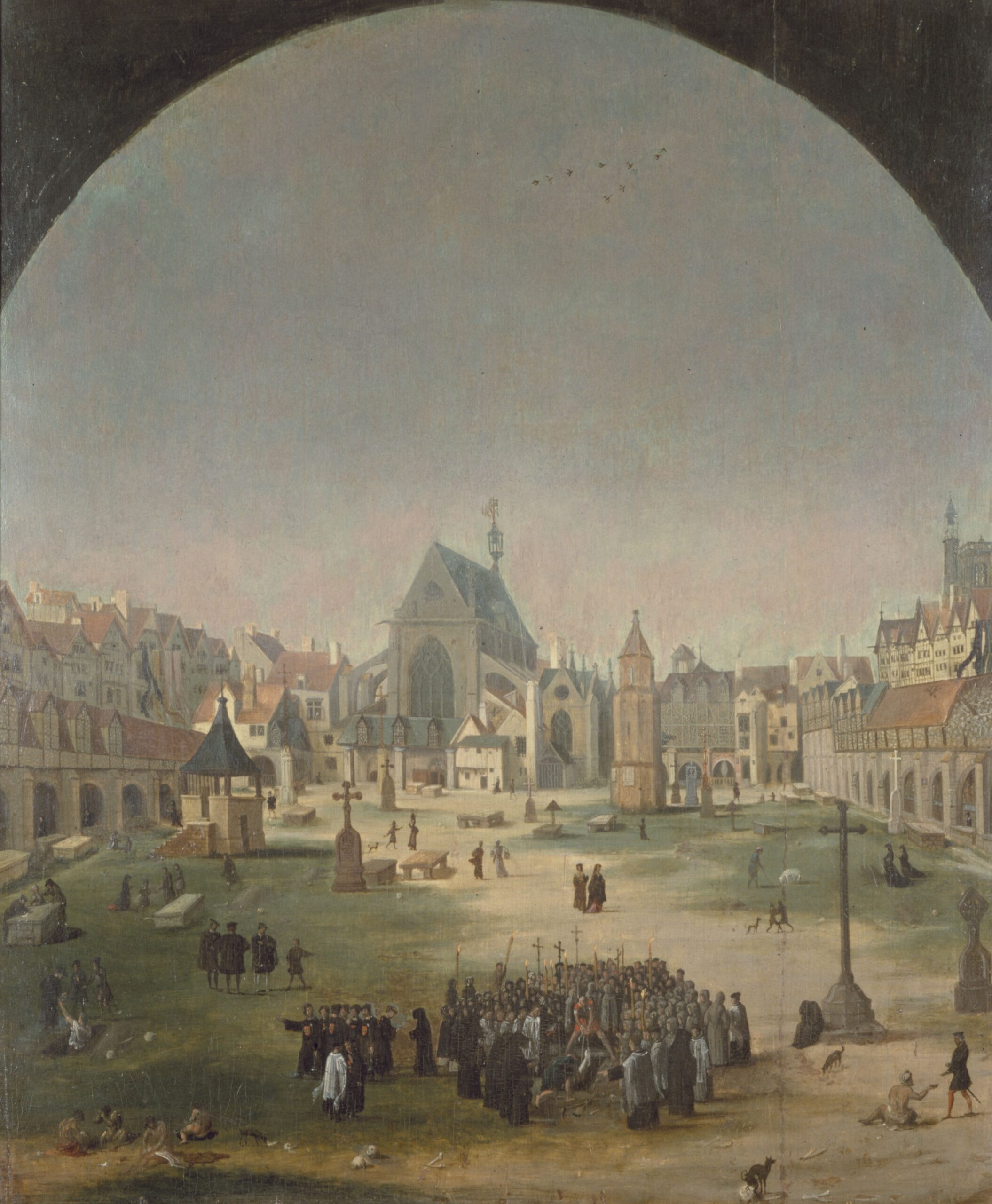 Jacob Grimmer (1525-1590), Le Cimetière et l’église des Innocents, vers 1570. Détail. Huile sur bois, 60 × 50 cm. Paris,musée Carnavalet – Histoire de Paris Photo CC0 Paris Musées / Musée Carnavalet – Histoire de Paris. Photo service de presse