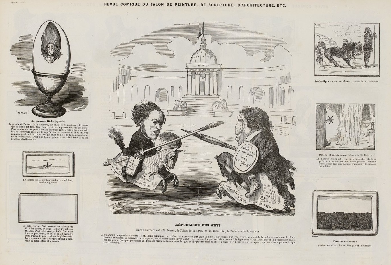 Charles-Albert d’Arnoux, dit Bertall (1820-1882), République des Arts, Duel à outrance entre M. Ingres, le Thiers de la ligne, et M. Delacroix, le Proudhon de la couleur, caricature parue dans Le Journal pour rire, 28 juillet 1849. Encre sur papier journal. Paris, Bibliothèque nationale de France, TF-484 (A)-PET FOL. Photo service de presse. © Bibliothèque nationale de France