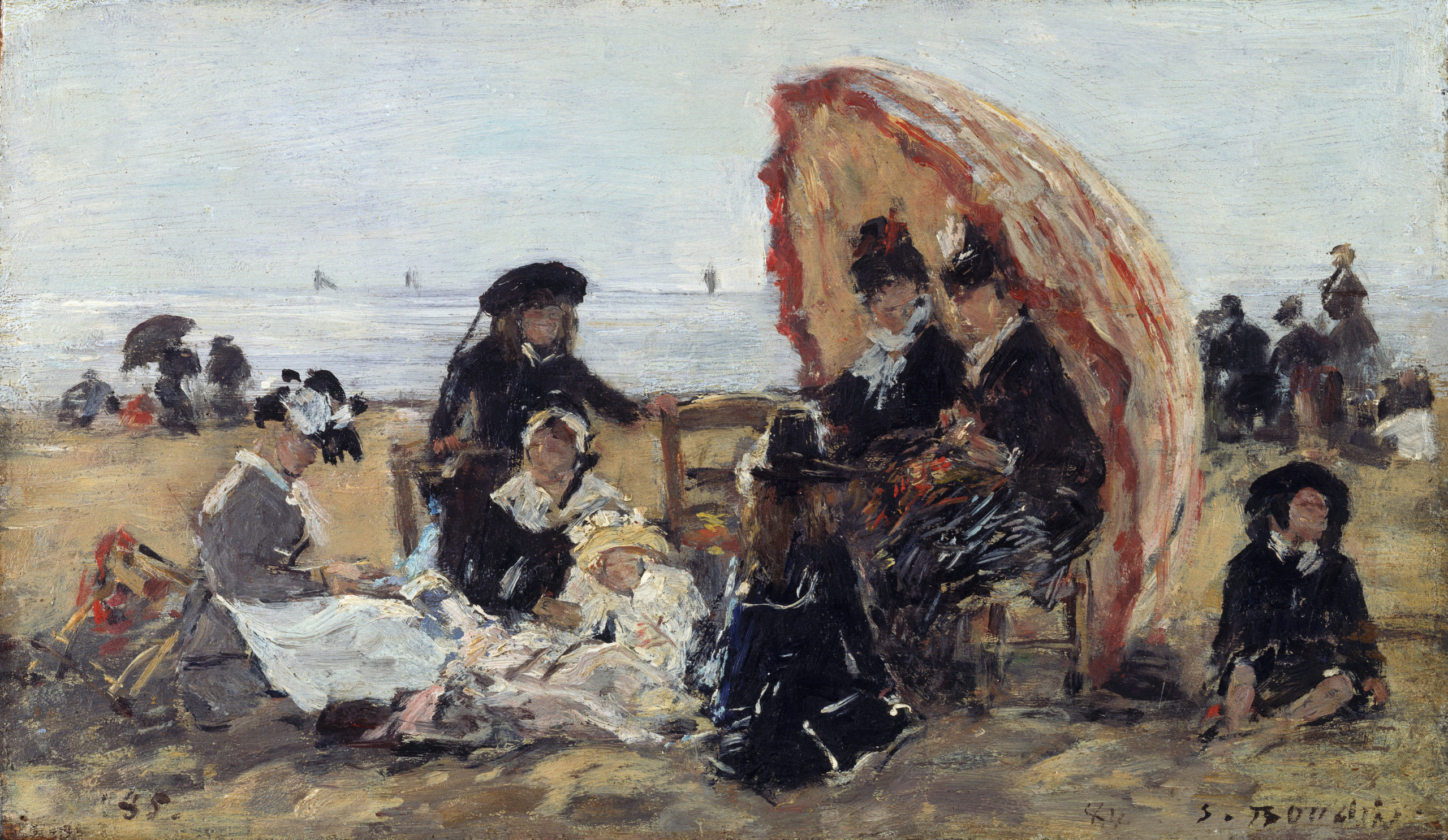 Eugène Boudin (1824-1898), Trouville, sur la plage à l’abri du parasol rouge, 1885. Huile sur panneau, 13,7 x 23,5 cm . Baden, Museum Langmatt. Photo service de presse. © Jean-Pierre Kuhn, SIK-ISEA, Zurich