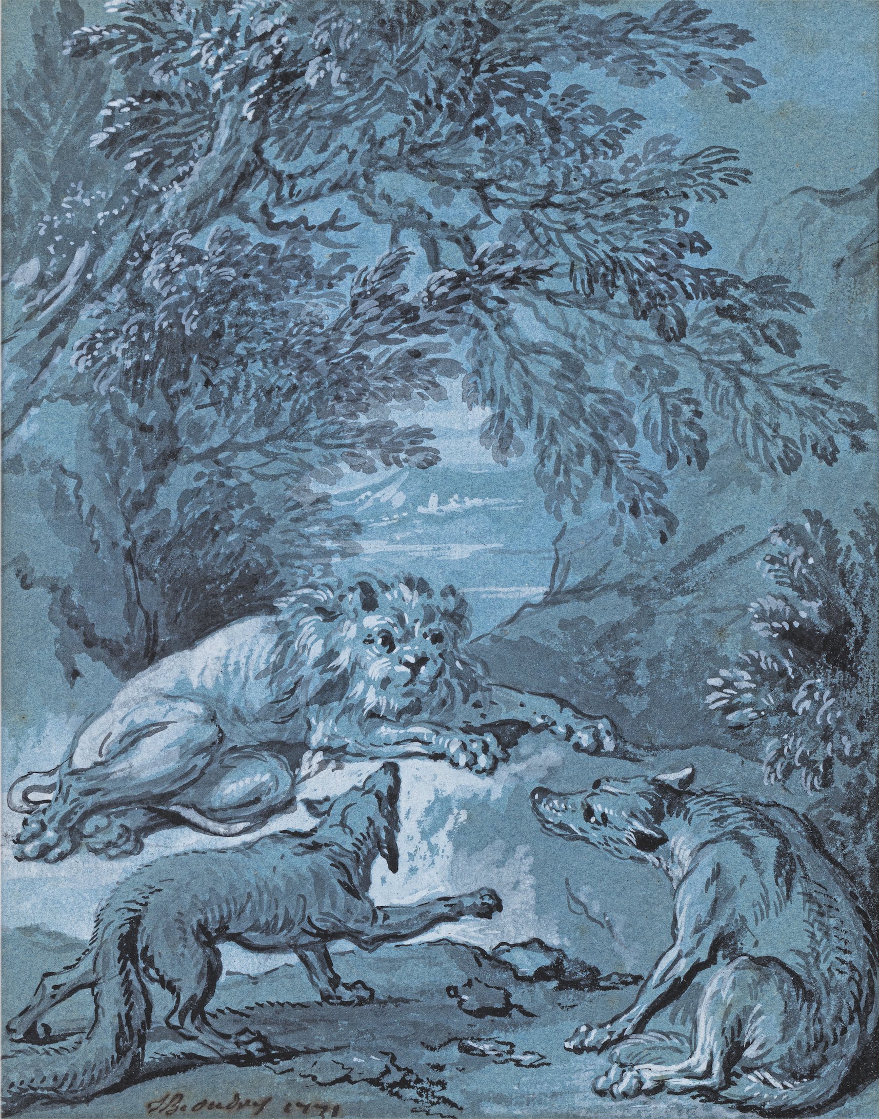 Jean-Baptiste Oudry (1686-1755), Le Lion, le loup et le renard. Pinceau, encre noire, lavis gris, rehauts de gouache blanche sur papier bleu, 23,5 x 18,5 cm. Paris, collection particulière. Photo service de presse. © Guillaume Benoit