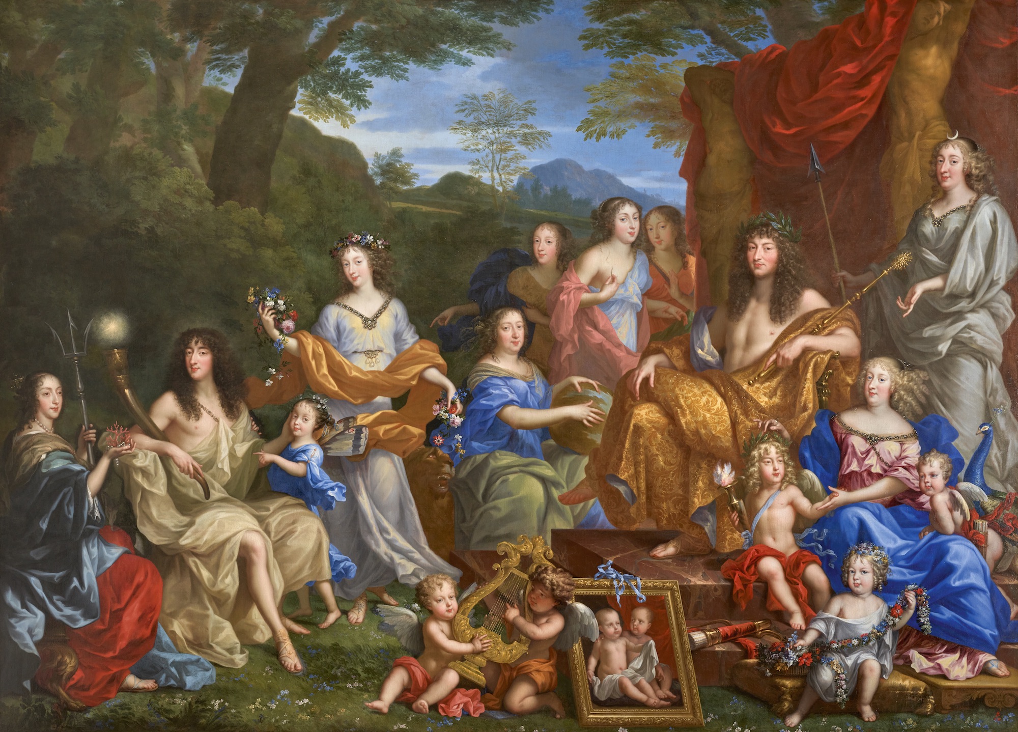 Jean Nocret (1615-1672), La Famille royale dans l’Olympe, vers 1670. Huile sur toile, 306 x 426,5 cm. Versailles, musée national des châteaux de Versailles et de Trianon. Photo service de presse. © Château de Versailles, dist. RMN / Christophe Fouin