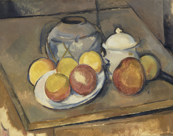 Paul Cézanne (1839-1906), Vase paillé, sucrier et pommes, entre 1890 et 1894. Huile sur toile, 36 x 46 cm. Paris, musée de l'Orangerie. Photo service de presse. © Grand Palais-RMN (musée de l'Orangerie) / Hervé Lewandowski