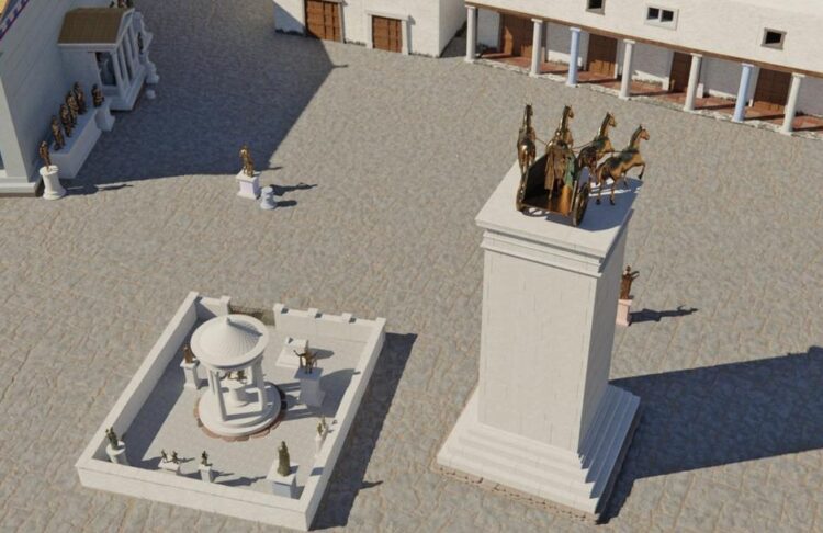 Restitution 3D de l’Agora des Compétaliastes : au premier plan, le sanctuaire des Lares Compitales et le pilier monumental ; au fond à gauche, le temple de Mercure-Hermès et Maia.