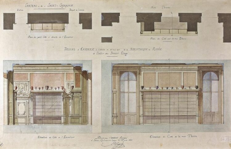 « Dessin de l’ensemble à l’échelle de la bibliothèque à établir au premier étage », réalisé par l’architecte Lafollye, 15 juin 1885. Dessin aquarellé sur papier. 100 x 0,62 m.