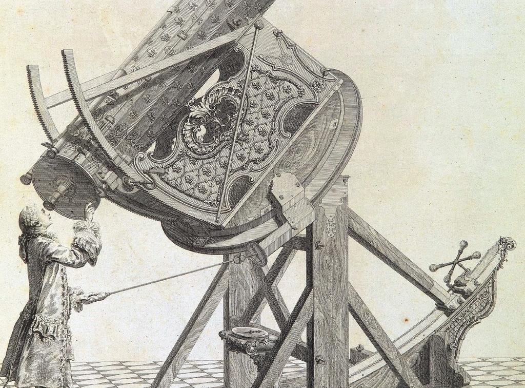 Guillaume Dheulland (dessinateur et graveur du roi pour la marine), sous la direction de Nicolas Noël, dit dom Noël, Vue du télescope fleurdelisé de huit pieds (détail), frontispice de la Suite de XXI planches gravées sous la direction de dom Noël, garde du cabinet royal de physique, représentant les élévations et coupes de plusieurs télescopes et microscopes qui se voient audit cabinet à Passy, près La Meute, Paris, Basan et Poignant, 1759-70. Eau-forte, burin, 51 x 40 cm. Paris, Bibliothèque nationale de France.