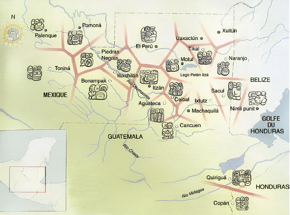 Carte politique des Mayas basée sur les glyphes de chaque zone (in Maya, catalogue d’exposition Bompiani, 1998).