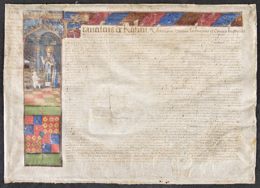 François de Rohan (1479-1536), lettre de refondation et d’indulgences de la confrérie Saint-René de la cathédrale d’Angers, 1509. Parchemin. Photo service de presse