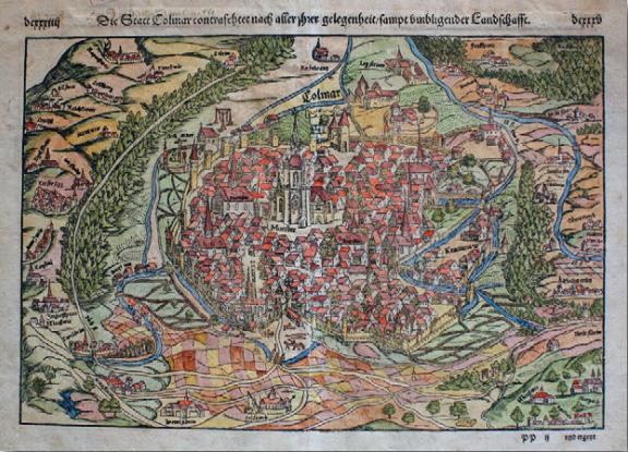 La plus ancienne vue de Colmar, parue dans la Cosmographia universalis de Sebastian Münster publiée à Bâle en 1544, BM Colmar.