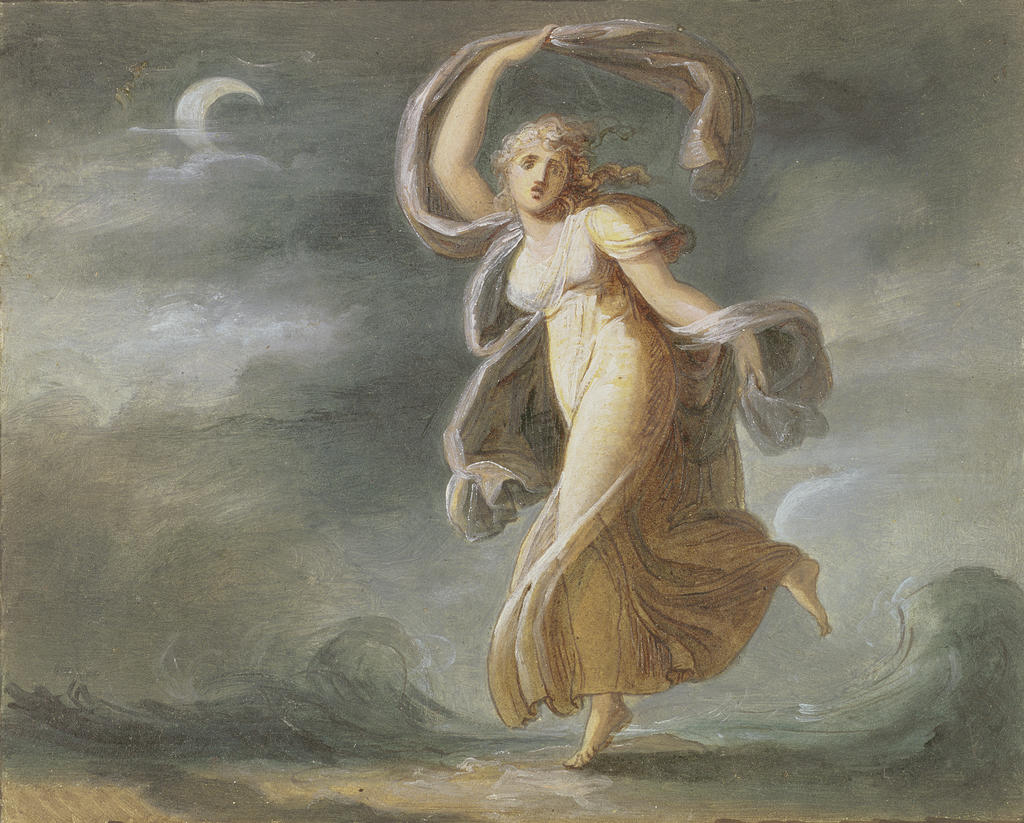 Maria Cosway (1760-1838), Jeune Fille dansant au bord de la mer au clair de lune, 1801. Plume et encre brune, aquarelle, peinture à l’huile sur papier. The Whitworth, The University of Manchester.