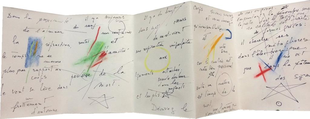 Etel Adnan, Dans la proximité de l’amour…, interventions d’Anne Slacik, livre manuscrit peint, 80 x 20 cm, 1999.