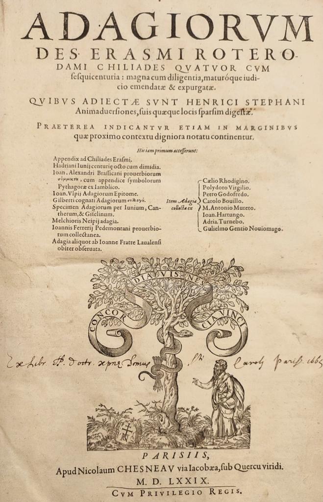 Érasme, Adagiorum Des. Erasmi Roterodami chiliades quatuor cum sesquicenturia…, Paris, Nicolas Chesneau, 1579. Acquisition : librairie Hugues de Latude, 2021. Cote : FR93. Page de titre.