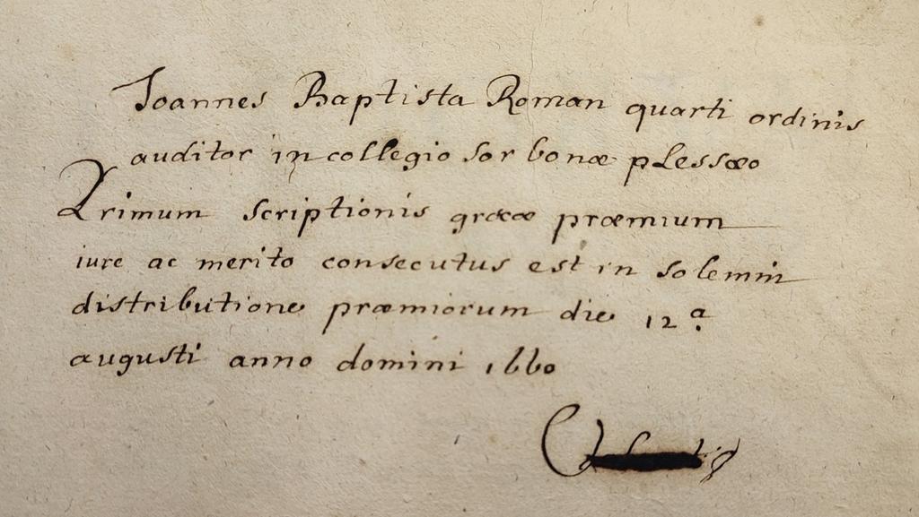 Mention du prix reçu par Jean-Baptiste Roman en 1660.