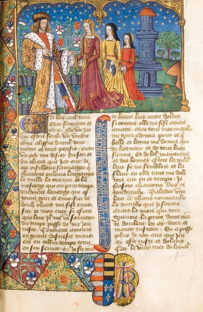 Geoffroy de la Tour Landry, Le Livre du chevalier de la Tour pour l’enseignement de ses filles, manuscrit sur vélin, aux armes et monogramme d'Antoine de Chourses et Catherine de Coëtivy, vers 1490, manuscrit 293, folio 3.