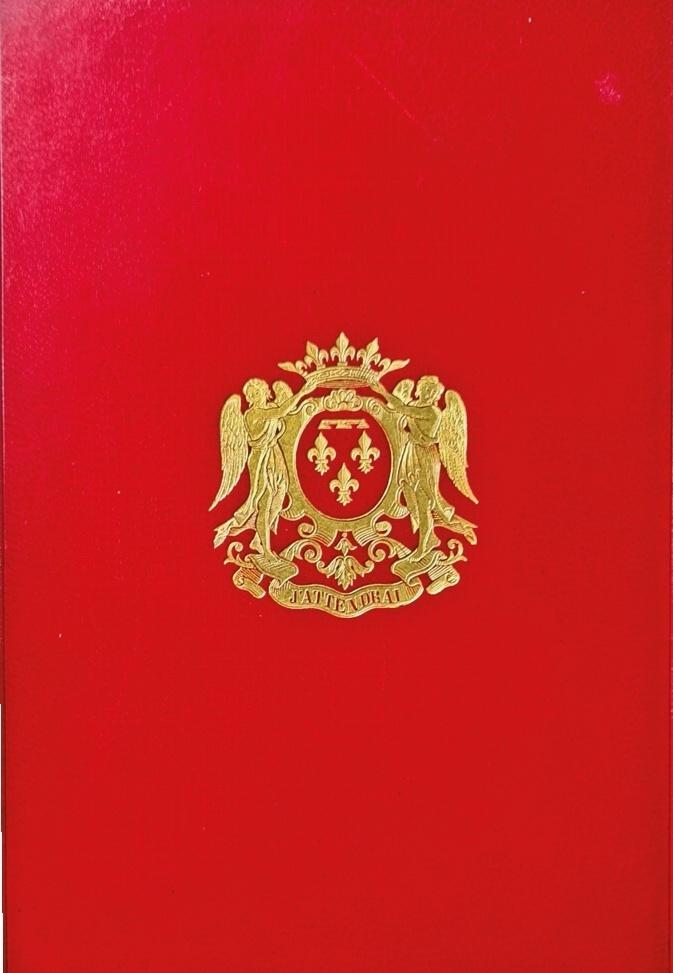 Fer à dorer et livre aux armes du duc d’Aumale avec sa devise marquée par l’exil : « J'attendrai », vers 1855.