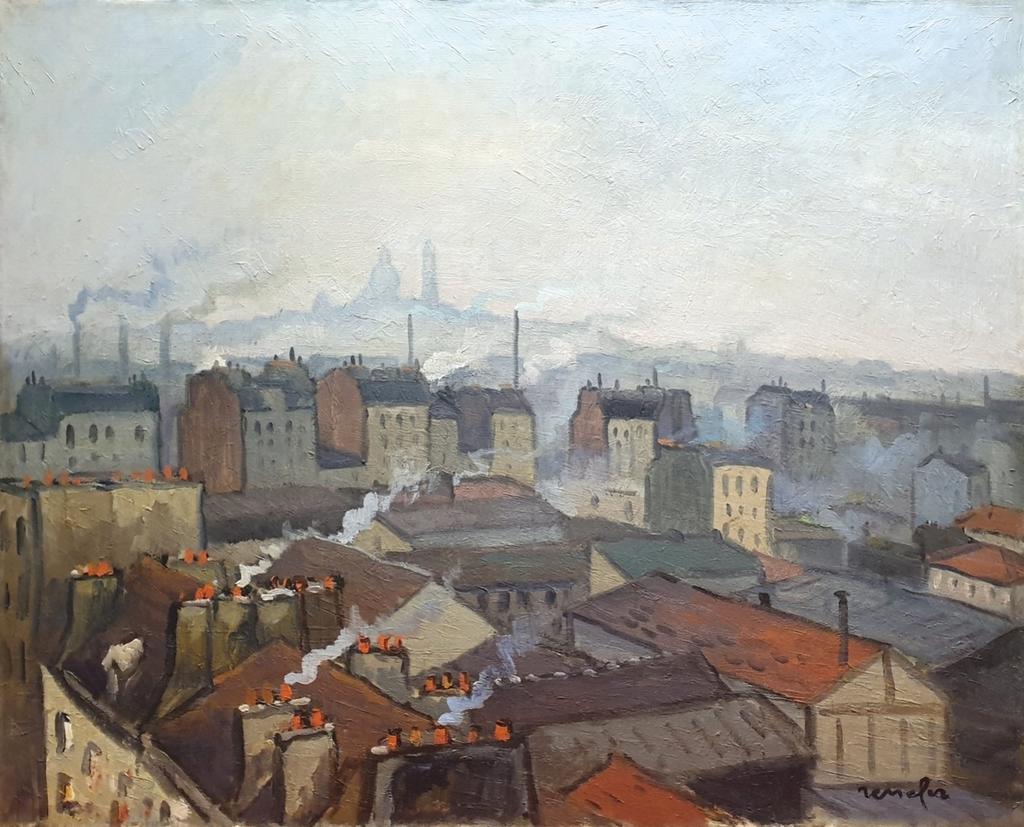 Renefer, Maisons de banlieue panachées de fumées sous la butte Montmartre, Paris, 1928-1930, huile sur toile, 71 x 90 cm, coll. musée des Beaux-Arts, La Cohue, Vannes.