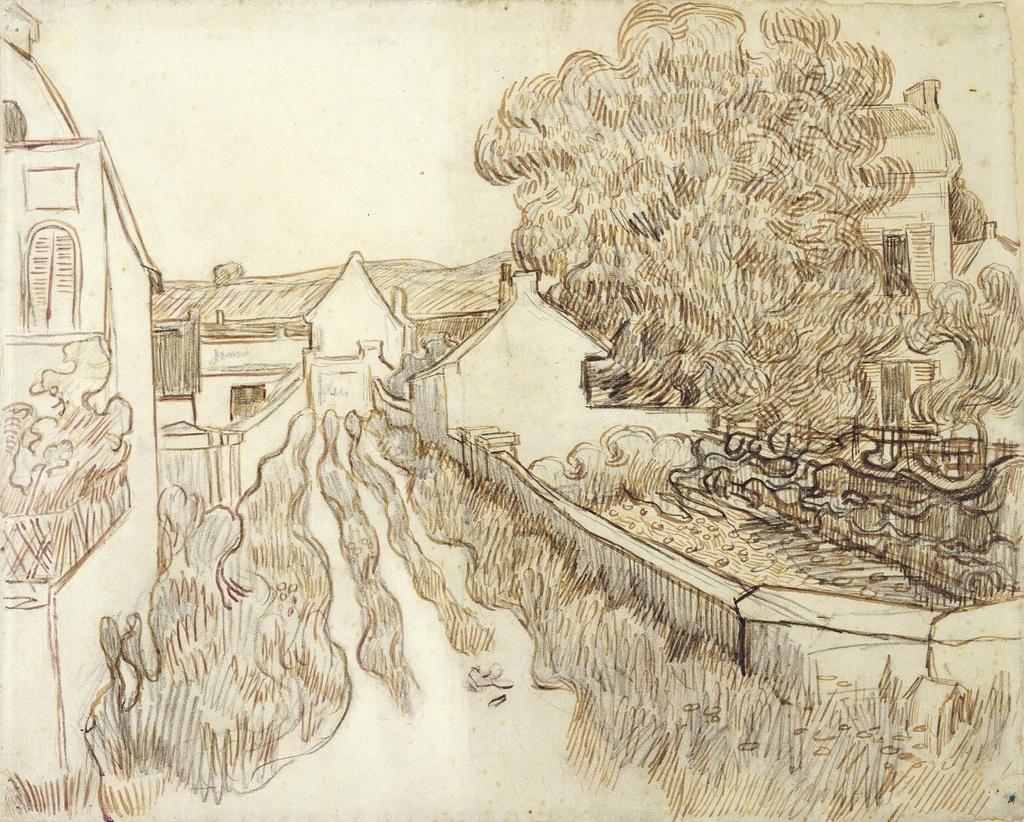 Impasse avec maisons, 1890. Mine de plomb, plume et encre sur papier vergé, 45 x 55,6 cm. Amsterdam, Van Gogh Museum.