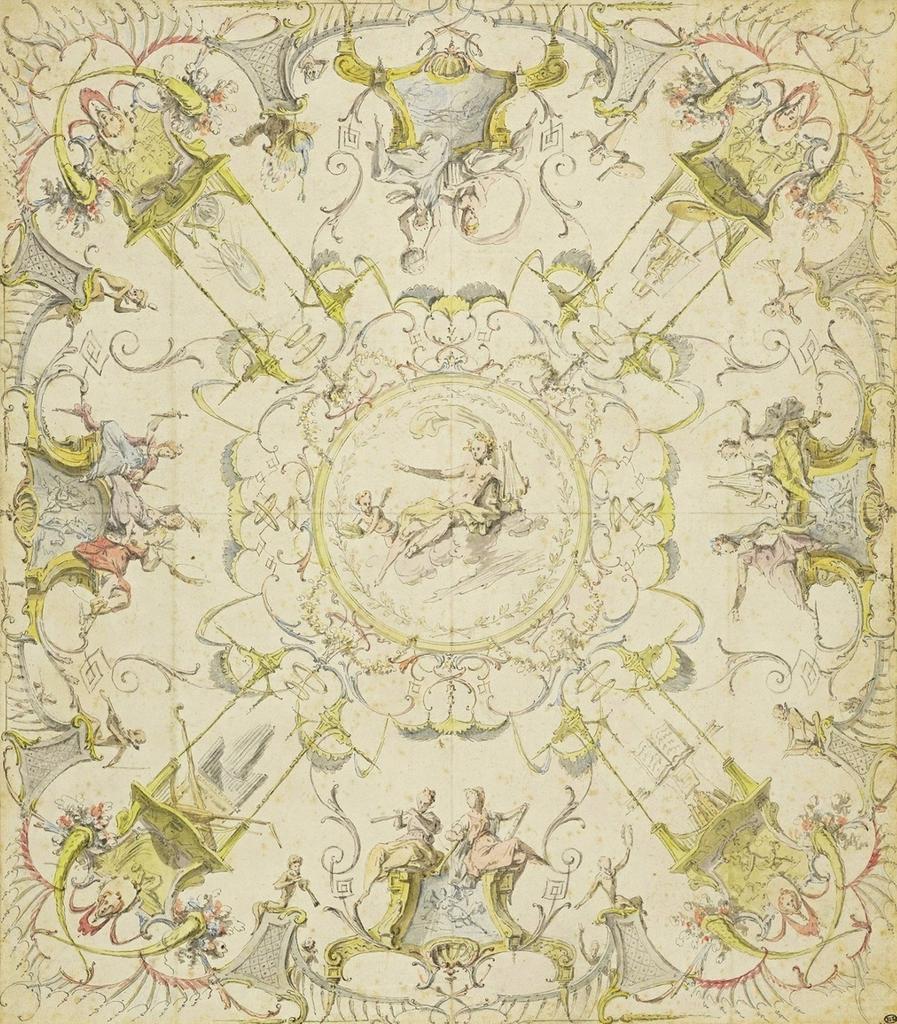 Claude Gillot (1673-1722), Projet pour le décor d’un plafond dédié aux arts. Graphite, plume et encre noire, rehauts de lavis gris et d’aquarelle, 43 x 37,5 cm. Paris, musée du Louvre.