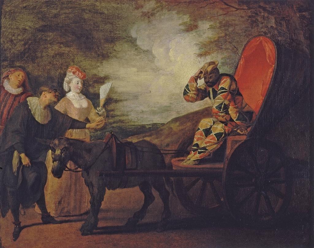 Claude Gillot (1673-1722) et Antoine Watteau (1684-1721), Arlequin, Empereur dans la lune (vers 1707-1709). Huile sur toile, 65 x 82 cm. Nantes, musée d’Arts.