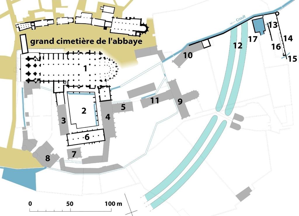 Plan de l’ensemble abbatial : en gris, les bâtiments connus uniquement à partir des plans antérieurs à la reconstruction du XVIIIe siècle ; en tracé noir, les constructions médiévales conservées ou reconnues en fouille. Document, UASD ; dessin, M. Wyss ; infographie, J.-P. Marie. 1. église abbatiale ; 2. cloître ; 3. hôtellerie ; 4. bâtiment des moines avec salle capitulaire en rez-de-chaussée ; 5. chapelle Saint-Clément ; 6. réfectoire ; 7. cuisine ; 8. porte de l’abbaye ; 9 et 10. infirmeries ; 11. palais abbatial ; 12. fossé sud du castellum ; 13. conduit souterrain du XIIe siècle ; 14. enceinte monastique ; 15. conduit souterrain du XIV e siècle ; 16. jeu de paume ; 17. abreuvoir à chevaux.