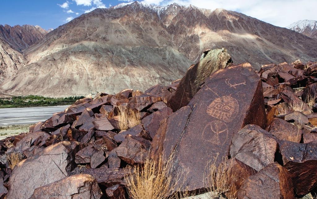 Mascoïdes gravés du site de Murgi, qui surplombe la vallée de la Siachen dans la région de la Nubra.