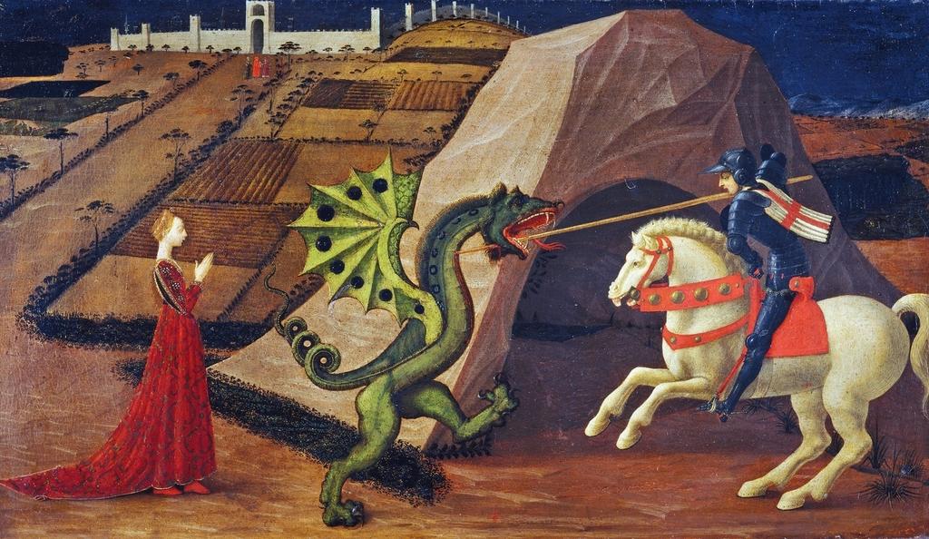 Saint Georges combattant le dragon, Paolo Uccello. Tempera sur bois, vers 1440. Paris, Institut de France, musée Jacquemart‑André.