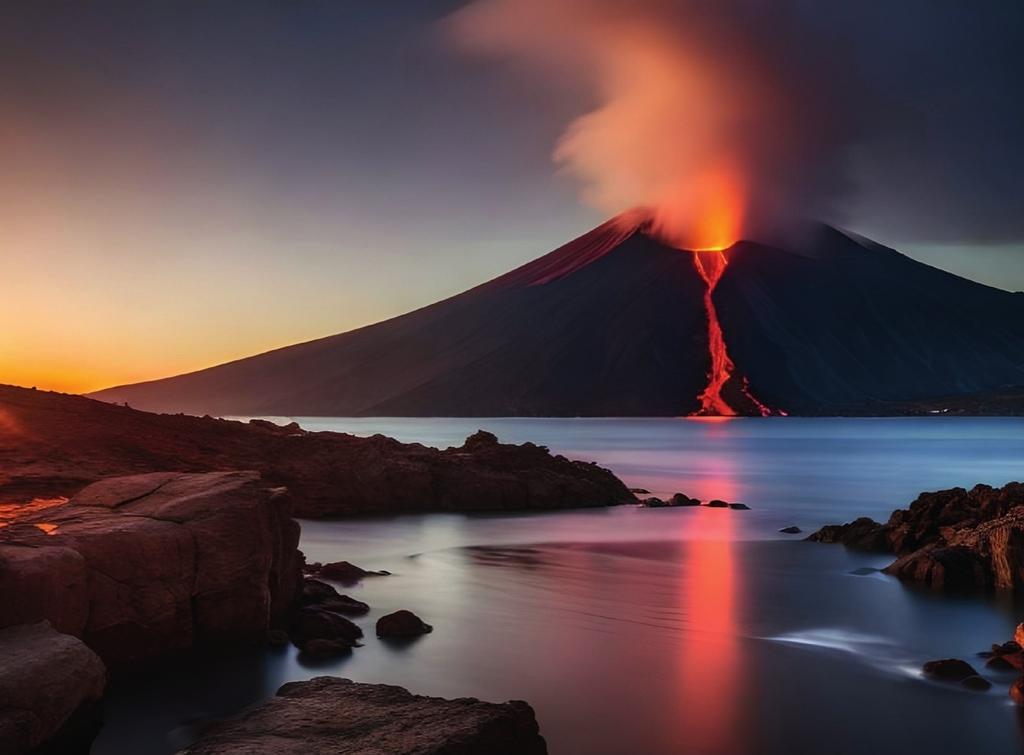 Évocation d’une éruption volcanique qui a pu causer un refroidissement des températures, image générée par l’intelligence artificielle.