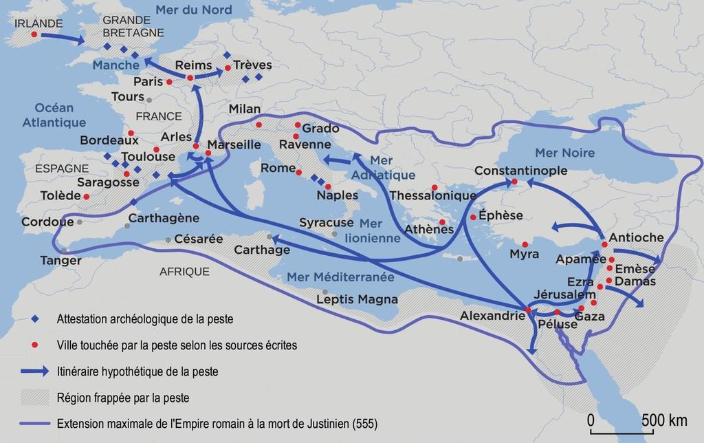 Carte de diffusion de la pandémie de Justinien.