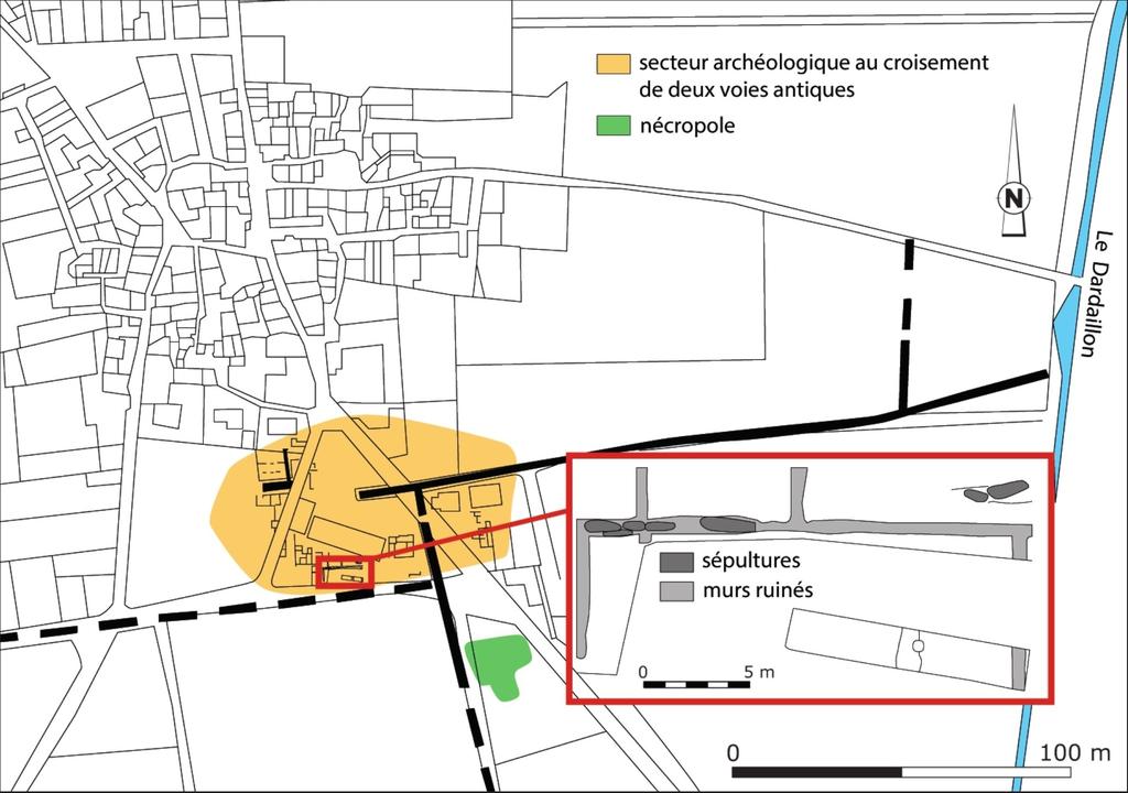 Plan de localisation des sépultures isolées de pestiférés à Lunel-Vieil. Infographie E. Lemaure Inrap, d’après C. Raynaud