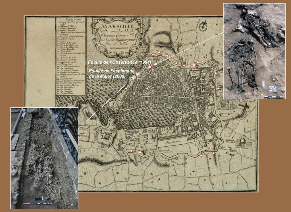 Secteurs d’inhumations des morts de la peste de 1720‑1722 à Marseille et localisation des deux sites fouillés.