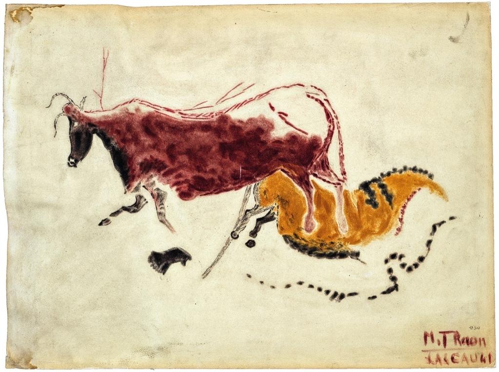 Maurice Thaon, relevé représentant un auroch et un cheval avec une ligne de points, situés dans le diverticule axial de la grotte de Lascaux, pastel et crayon noir, 1941. H. 49,5 cm ; L. 66 cm. Médiathèque du patrimoine et de la photographie, inv. 17307.