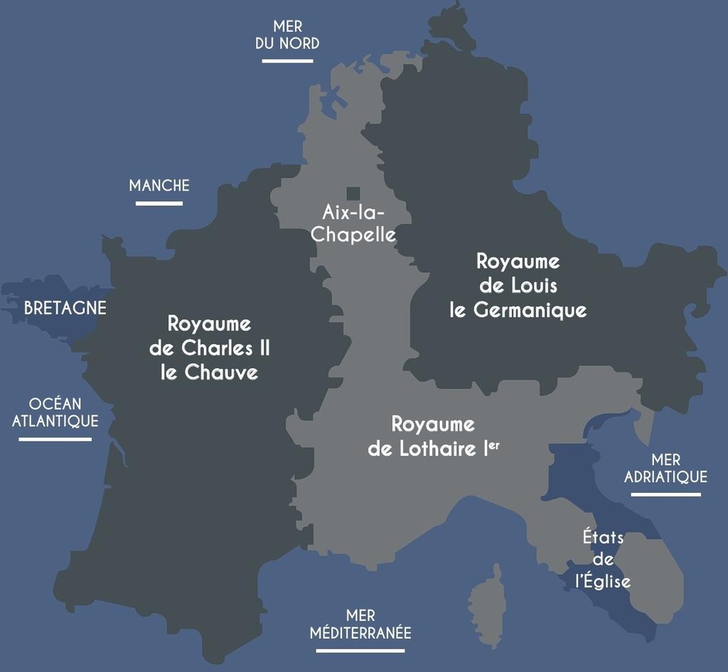 Carte de répartition de l’Empire carolingien après le traité de Verdun.