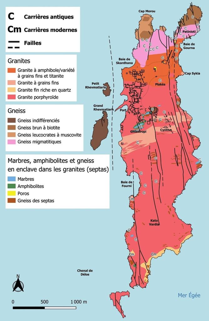 Carte géologique de Délos avec emplacement des carrières.