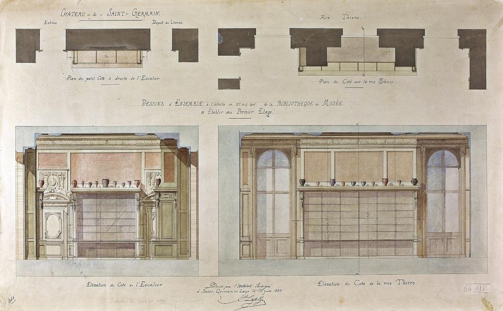 « Dessin de l’ensemble à l’échelle de la bibliothèque à établir au premier étage », réalisé par l’architecte Lafollye, 15 juin 1885. Dessin aquarellé sur papier. 100 x 0,62 m.