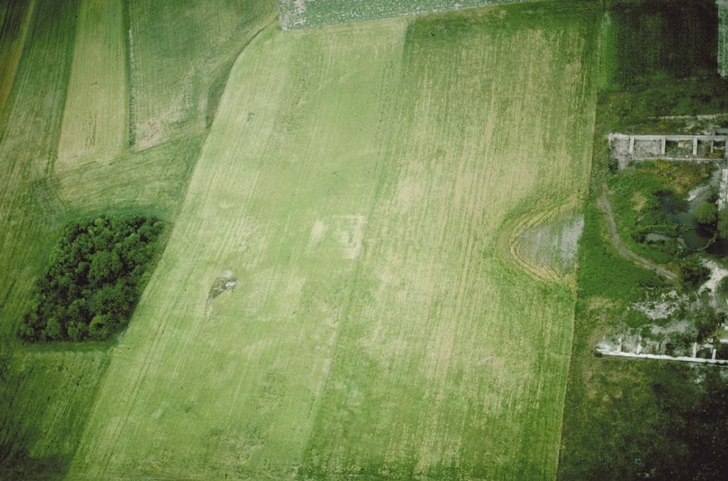 Photographie aérienne du site archéologique d’Aquae Segetae, avec traces du temple conservé en sous-sol, 1979.