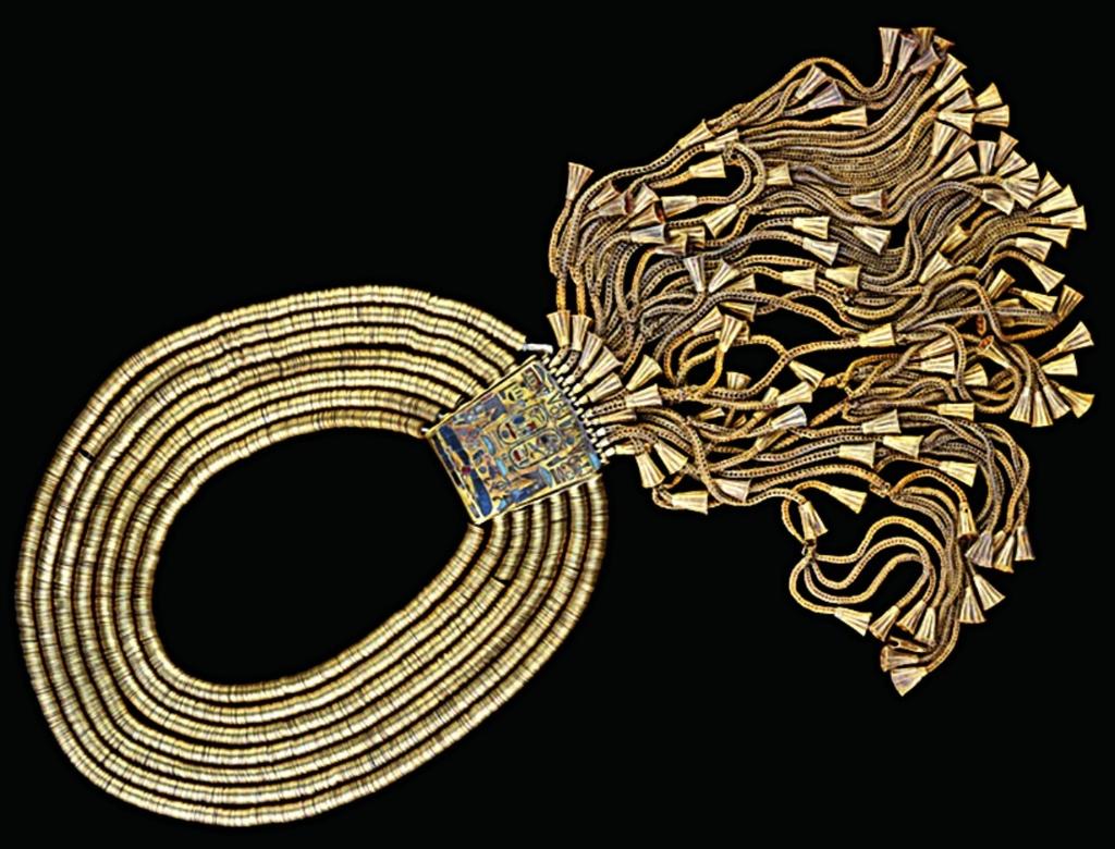 Collier d’or et de gemmes incrustées, au nom de Psousennès Ier. Pièce magistrale d’orfèvrerie pesant plus de 8 kg, il est composé de près de 5 000 rondelles sur sept rangs ainsi que de chaînes décorées de petites clochettes. Trésor de Tanis.