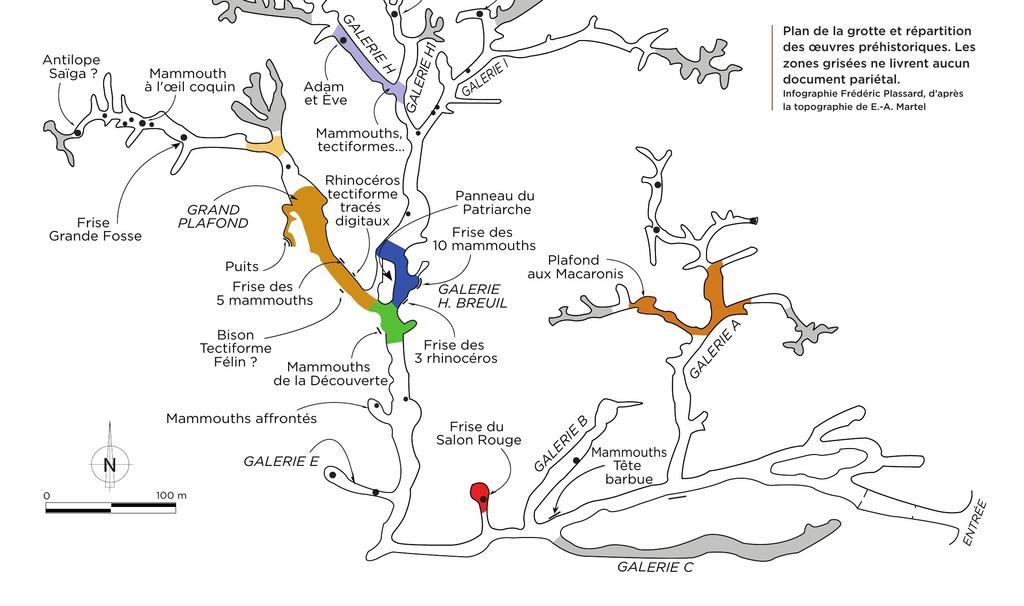 Plan de la grotte et répartition des œuvres préhistoriques. Les zones grisées ne livrent aucun document pariétal.