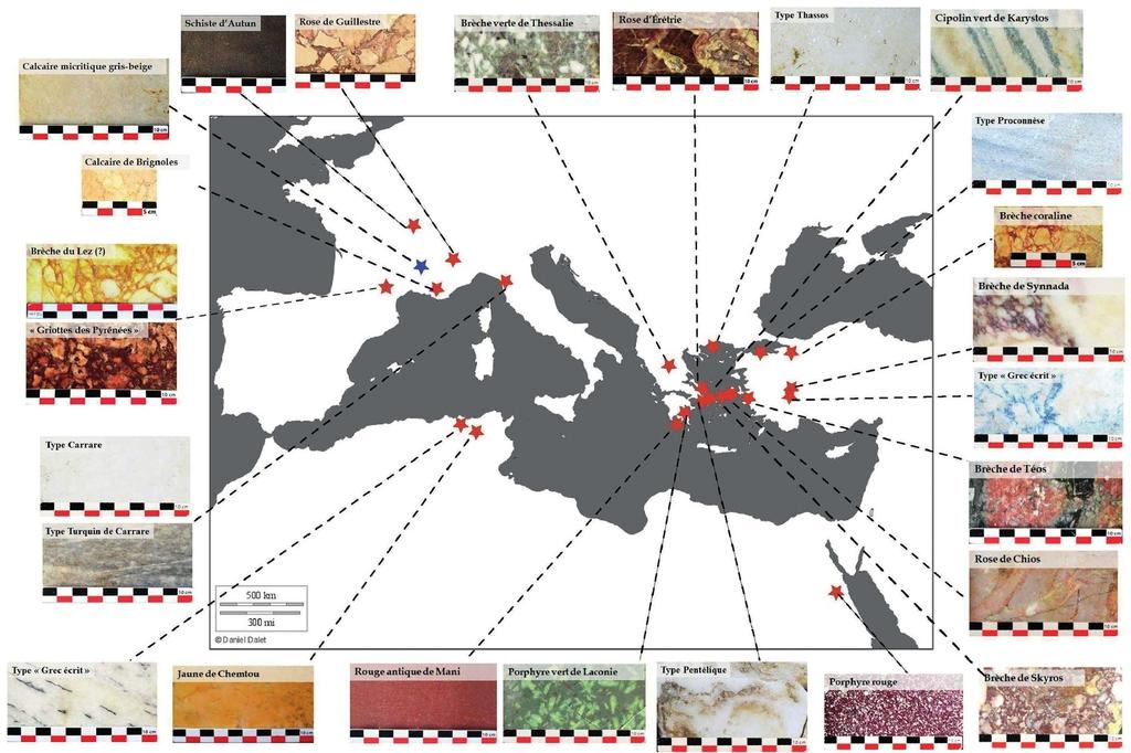 Carte de provenance des roches décoratives employées dans le décor des édifices de Vasio Vocontorium durant la période romaine. DAO E. Roux