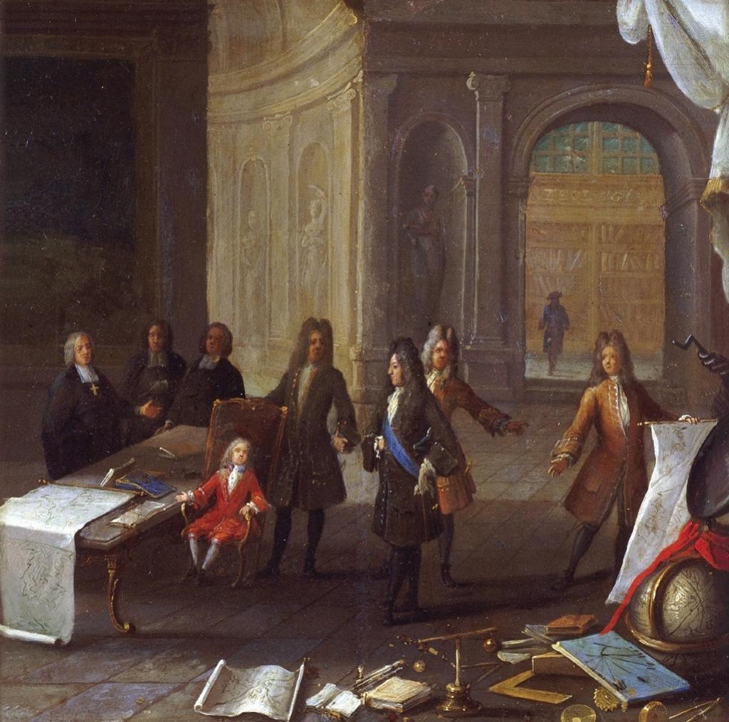 Louis XV enfant recevant une leçon de sciences en présence du cardinal de Fleury et du régent, vers 1720. Huile sur cuivre, 23,5 x 23,5 cm. Paris, musée Carnavalet – Histoire de Paris.