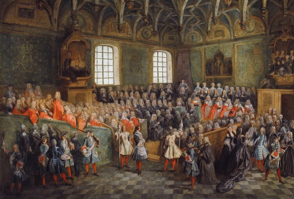 Nicolas Lancret, Le Lit de justice tenu au Parlement à la majorité de Louis XV (22 février 1723), 1723. Huile sur toile, 56 x 82 cm. Paris, musée du Louvre.