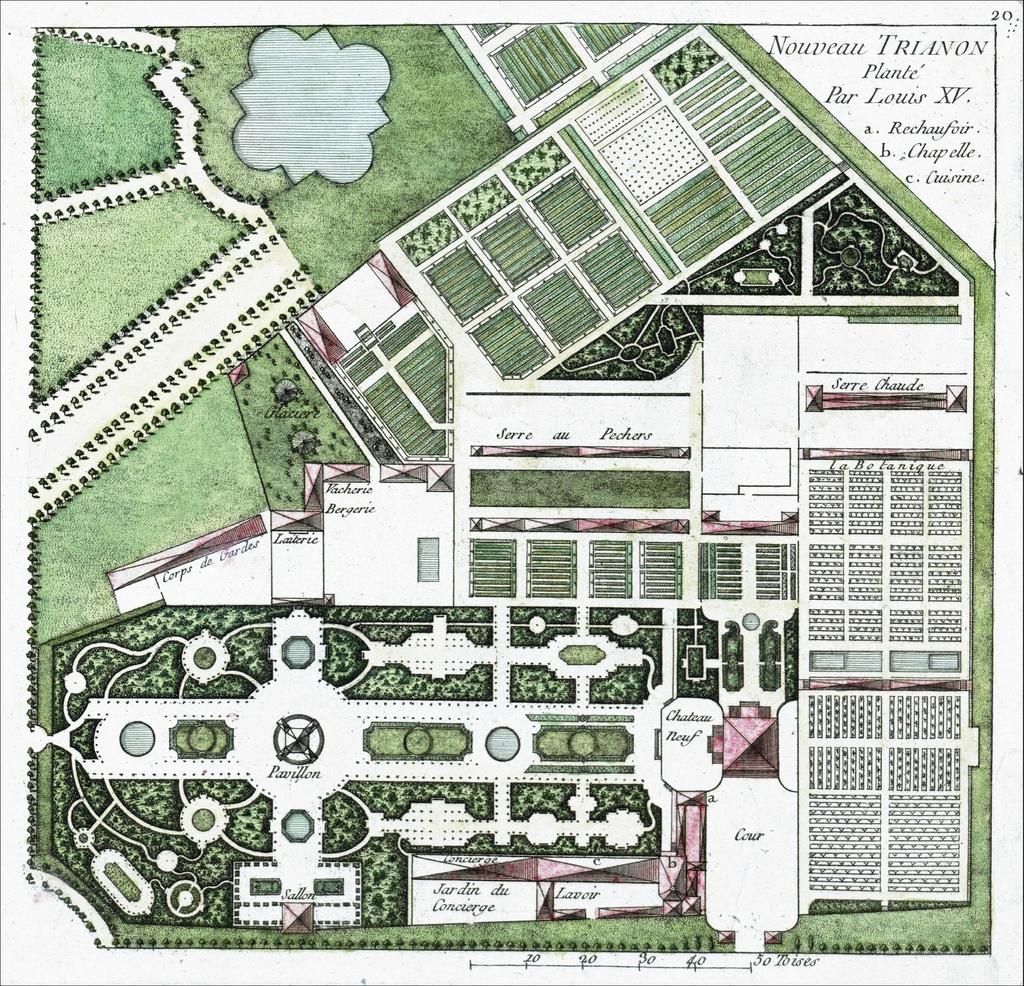 Georges Louis Le Rouge, Nouveau Trianon planté par Louis XV, vers 1778. Planche 20 du cahier VI des Jardins anglo-chinois, Paris, Le Rouge, 1776-88. Eau-forte, 28,3 x 43,5 cm. Versailles, musée national des châteaux de Versailles et de Trianon.