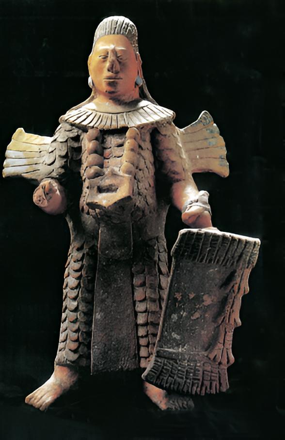 Guerrier de la période classique (250-800), céramique, H : 18 cm. Mexico, musée national d’anthropologie. Ces figurines, nombreuses chez les Mayas, étaient principalement associées à des contextes funéraires.