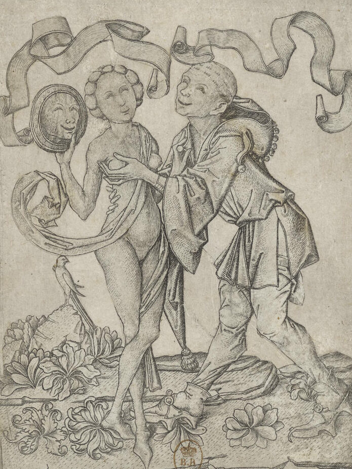 Maître E. S., Allégorie de la luxure (fou et femme nue au miroir), Rhin supérieur, vers 1465. Gravure sur cuivre au burin, 14,8 x 10,8 cm. Paris, Bibliothèque nationale de France.